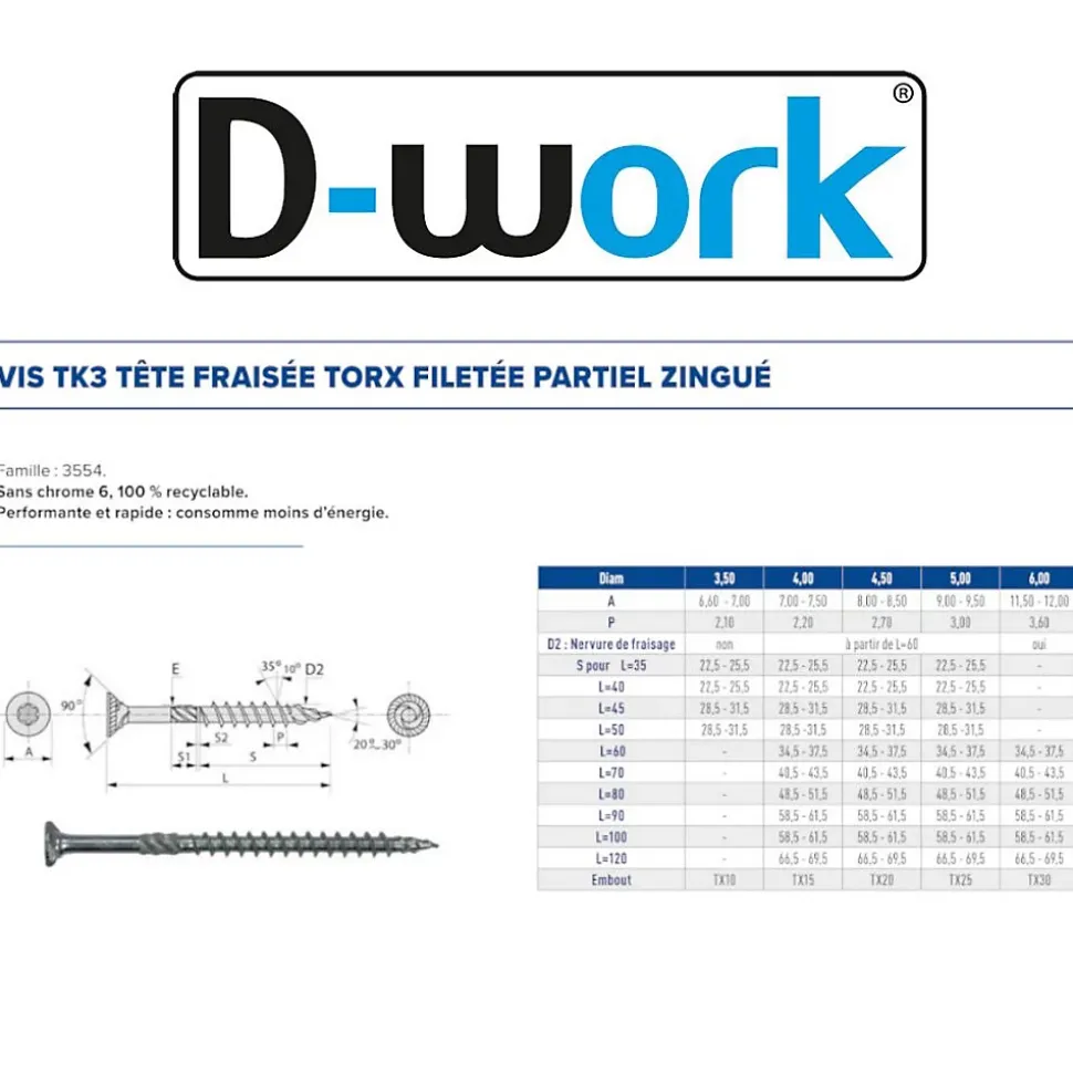 100 Vis Bois TK3 Tête Fraisée Crantée Torx F/Partiel 6 x 100 mm - Zingué blanc - D-Work