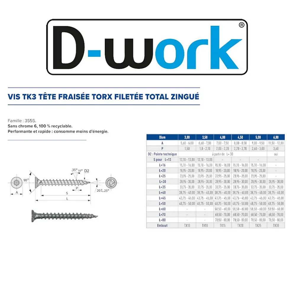 250 Vis Bois TK3 Tête Fraisée Crantée Torx F/Total 6 x 50 mm - Zingué blanc - D-Work