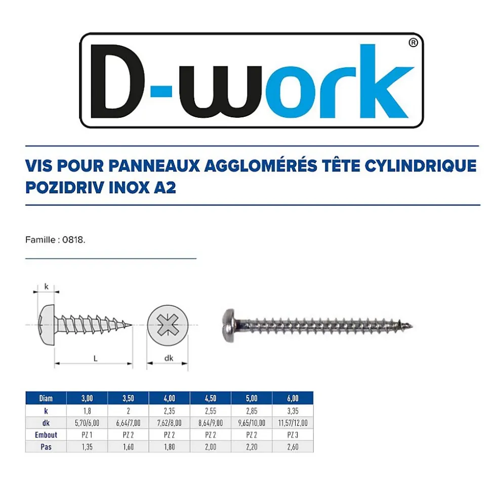 200 Vis Bois Tête Cylindrique Pozidriv 4 x 40 mm - Inox A2 - D-Work