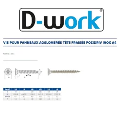200 Vis Bois Tête Fraisée Pozidriv 4 x 45 mm - Inox A4 - D-Work