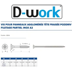 100 Vis Bois Tête Fraisée Pozidriv F/Partiel 4.5 x 80 mm - Inox A2 - D-Work