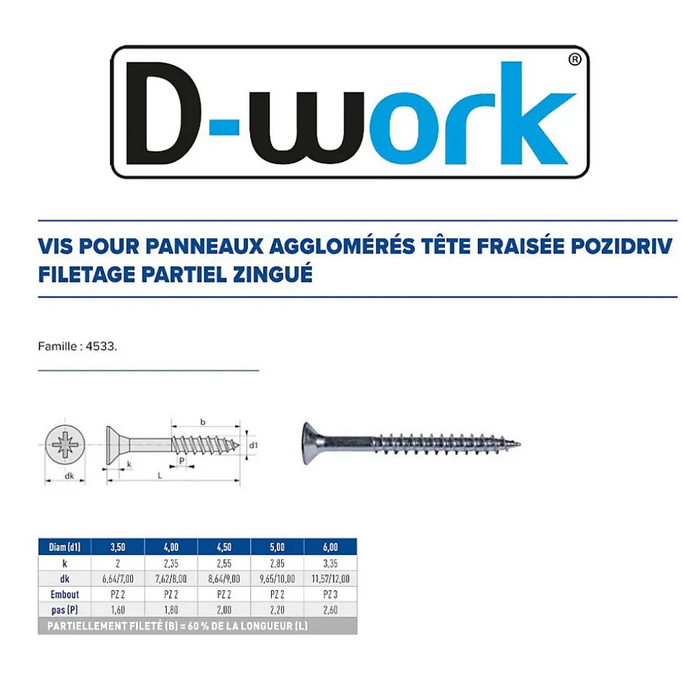 150 Vis Bois Tête Fraisée Pozidriv F/Partiel 6 x 70 mm - Zingué blanc - D-Work