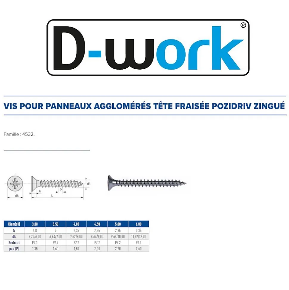 500 Vis Bois Tête Fraisée Pozidriv 3.5 x 20 mm - Zingué blanc - D-Work