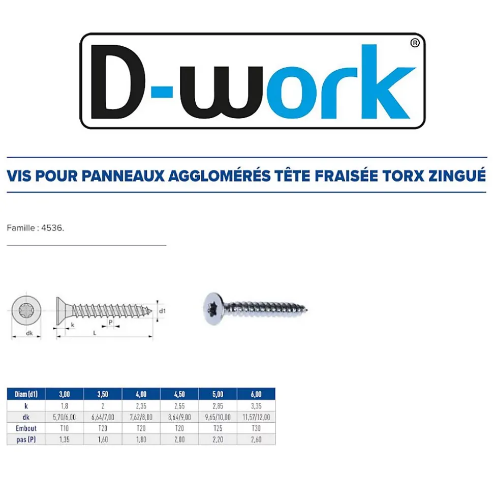 500 Vis Bois Tête Fraisée Torx T15 F/Total 3.5 x 30 mm - Zingué blanc - D-Work