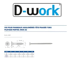 100 Vis Bois Tête Fraisée Torx T30 F/Partiel 6 x 80 mm - Inox A2 - D-Work