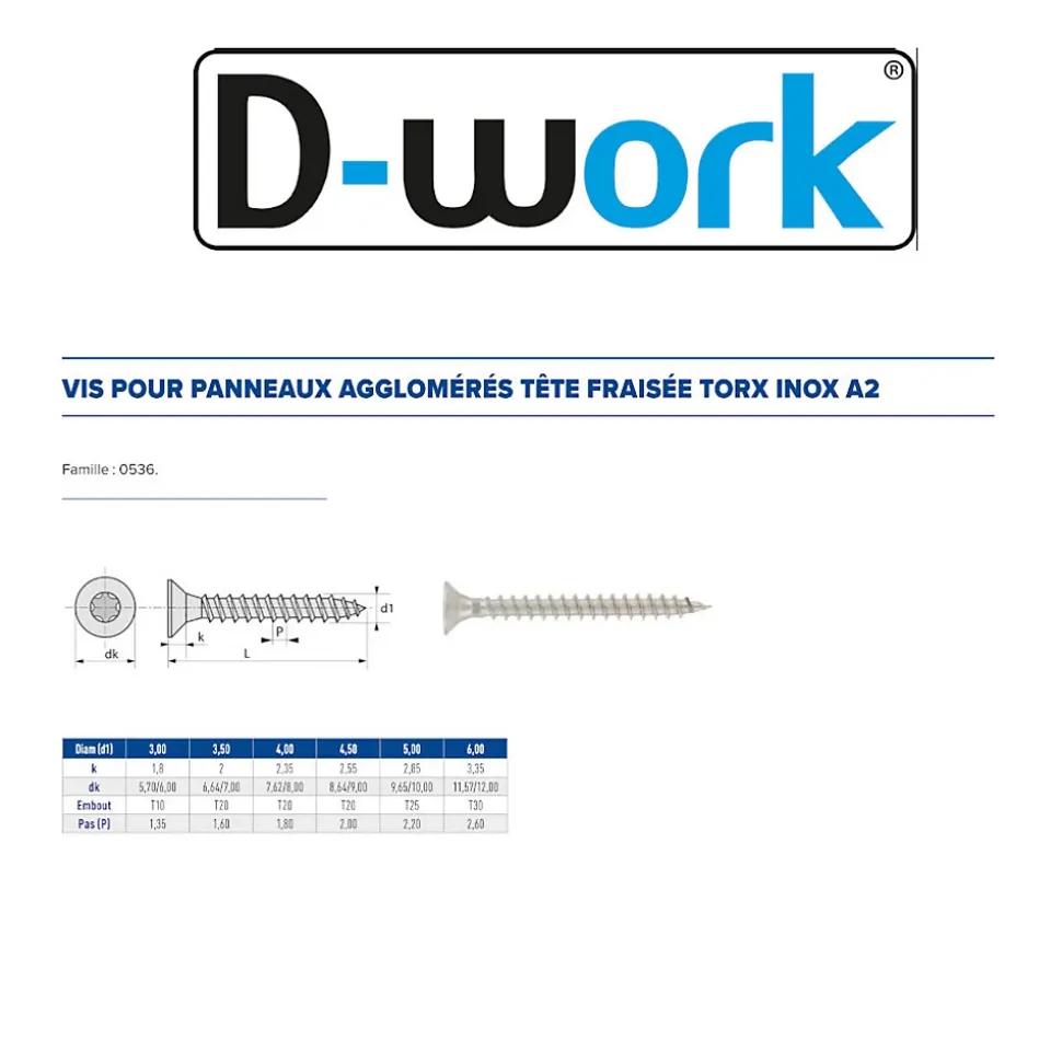 200 Vis Bois Tête Fraisée Torx T25 5 x 50 mm - Inox A2 - D-Work