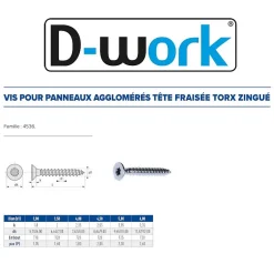 500 Vis Bois Tête Fraisée Torx F/Total 4.5 x 30 mm - Zingué blanc - D-Work