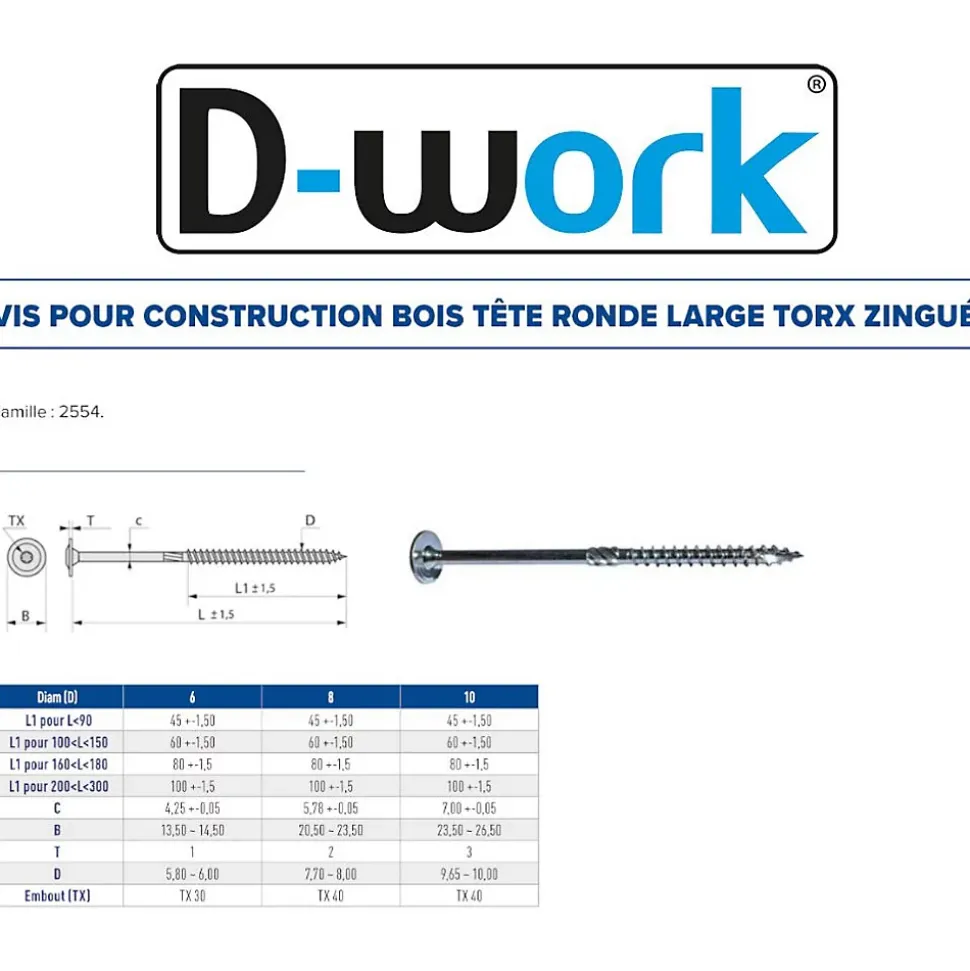 50 Vis Bois Tête Ronde Larges Torx T40 8 x 140 mm - Zingué blanc - D-Work