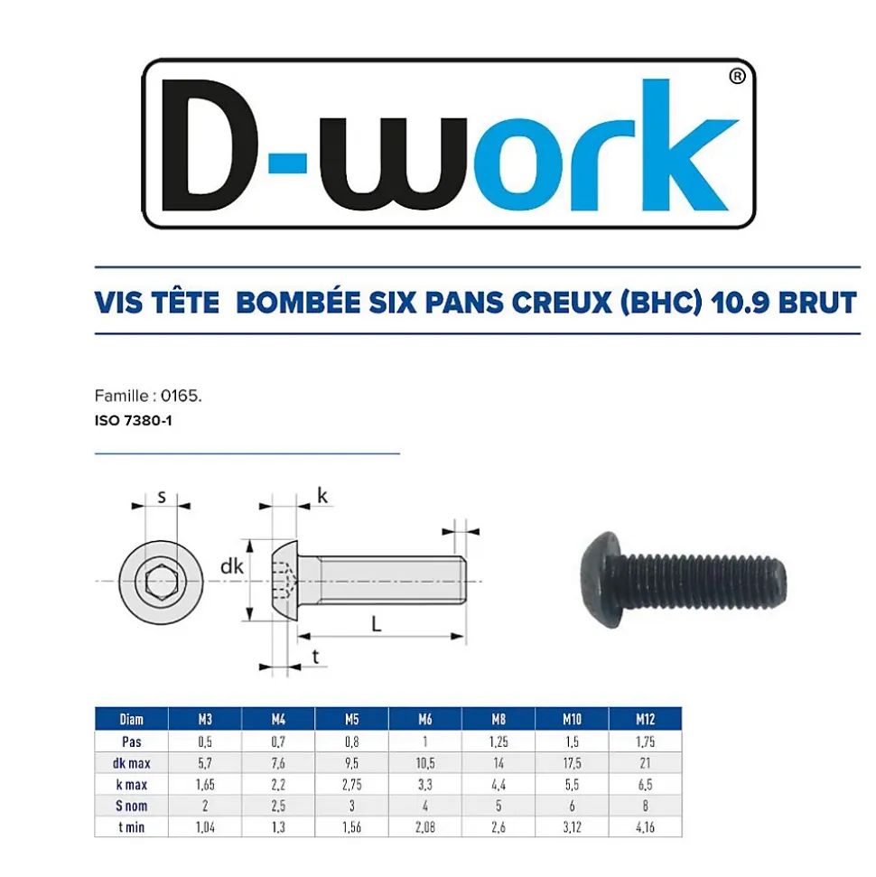 200 Vis Métaux Tête Bombée 6 Pans Creux F/Total BHC 6 x 10 mm - 7380-1 - 10.9 - Brut - D-Work