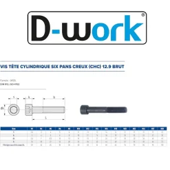 50 Vis Métaux Tête Cylindrique 6 Pans Creux CHC F/Partiel 6 x 120 mm - DIN 912 - 12.9 - Brut - D-Work