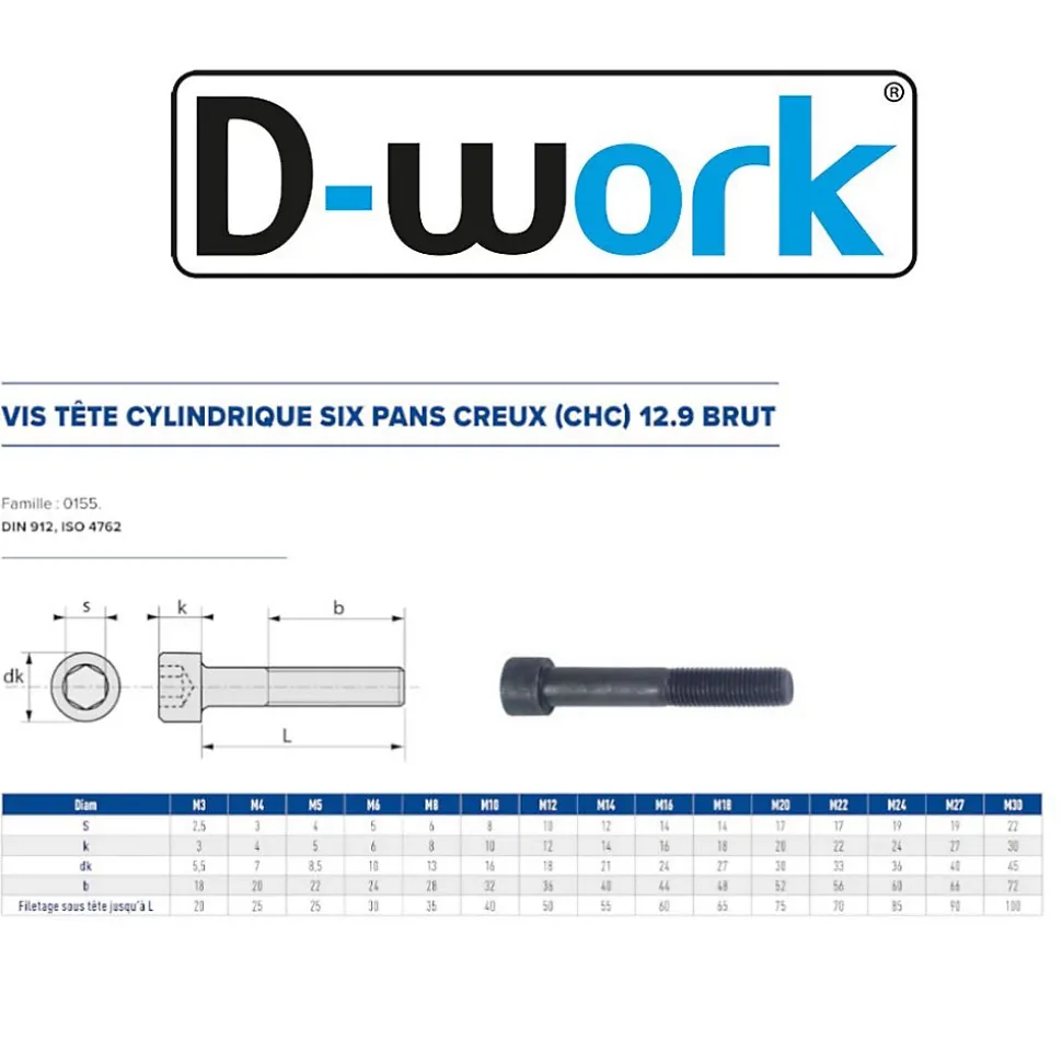 50 Vis Métaux Tête Cylindrique 6 Pans Creux CHC F/Partiel 6 x 120 mm - DIN 912 - 12.9 - Brut - D-Work