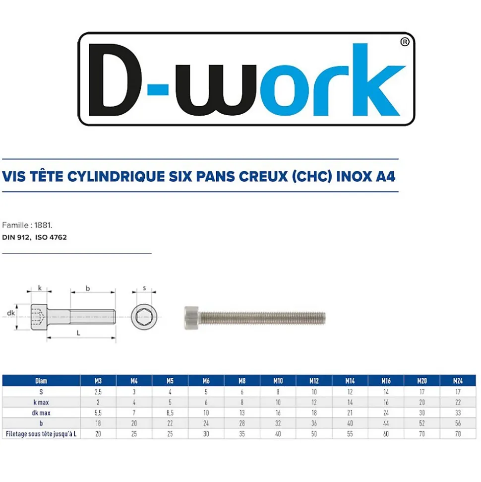10 Vis Métaux Tête Cylindrique 6 Pans Creux CHC 20 x 120 mm - DIN 912 - Inox A4 - D-Work