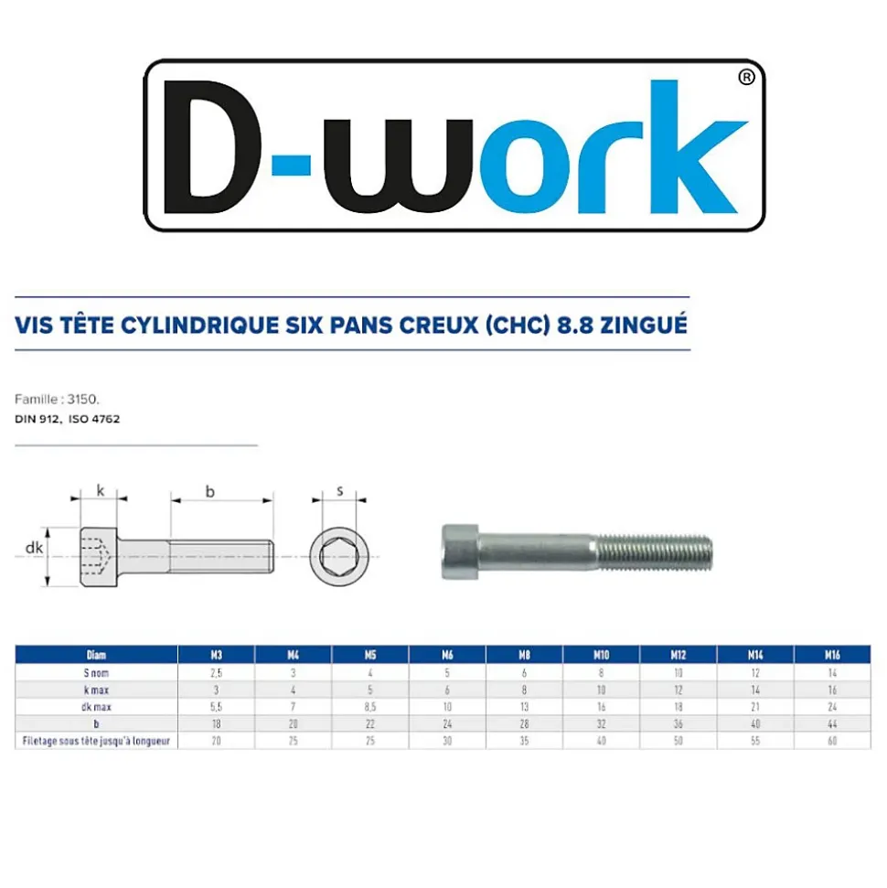 200 Vis Métaux Tête Cylindrique 6 Pans Creux CHC F/Total 8 x 30 mm - DIN 912 - 8.8 - Zingué blanc - D-Work