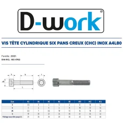 200 Vis Métaux Tête Cylindrique 6 Pans Creux CHC 4 x 10 mm - DIN 912 - Inox A4L80 - D-Work