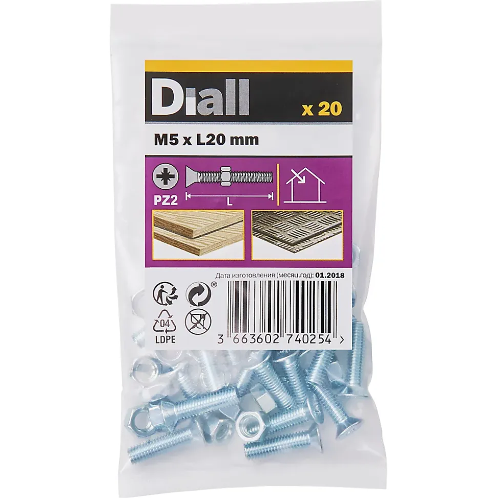 20 vis métaux tête fraisée acier zingué 5 x 20 mm