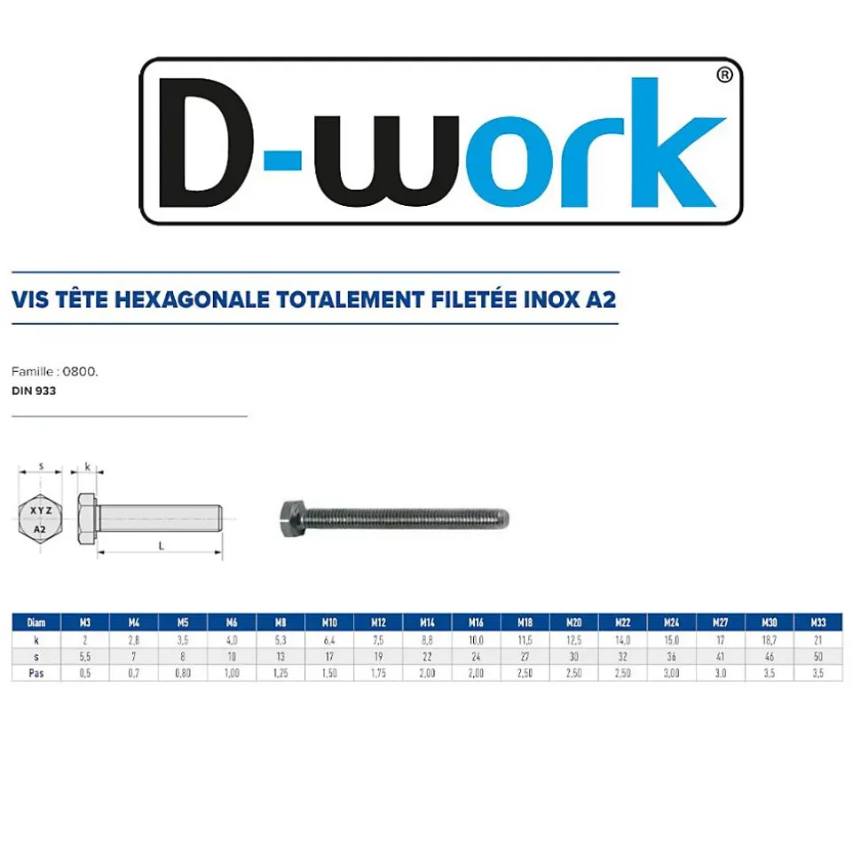 200 Vis Métaux Tête Hexagonale F/Total 8 x 25 mm - DIN 933 - Inox A2 - D-Work