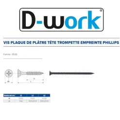 200 Vis Plaque de Plâtre Trompette Phillips D. 4.8 x 130 mm - Phosphaté noir - D-Work