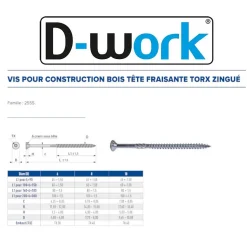 50 Vis pour Construction Bois Tête Fraisante Torx T40 10 x 160 mm - Zingué blanc - D-Work
