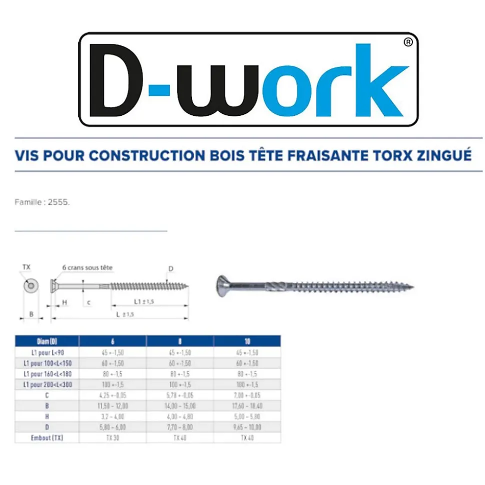 50 Vis pour Construction Bois Tête Fraisante Torx T40 10 x 400 mm - Zingué blanc - D-Work
