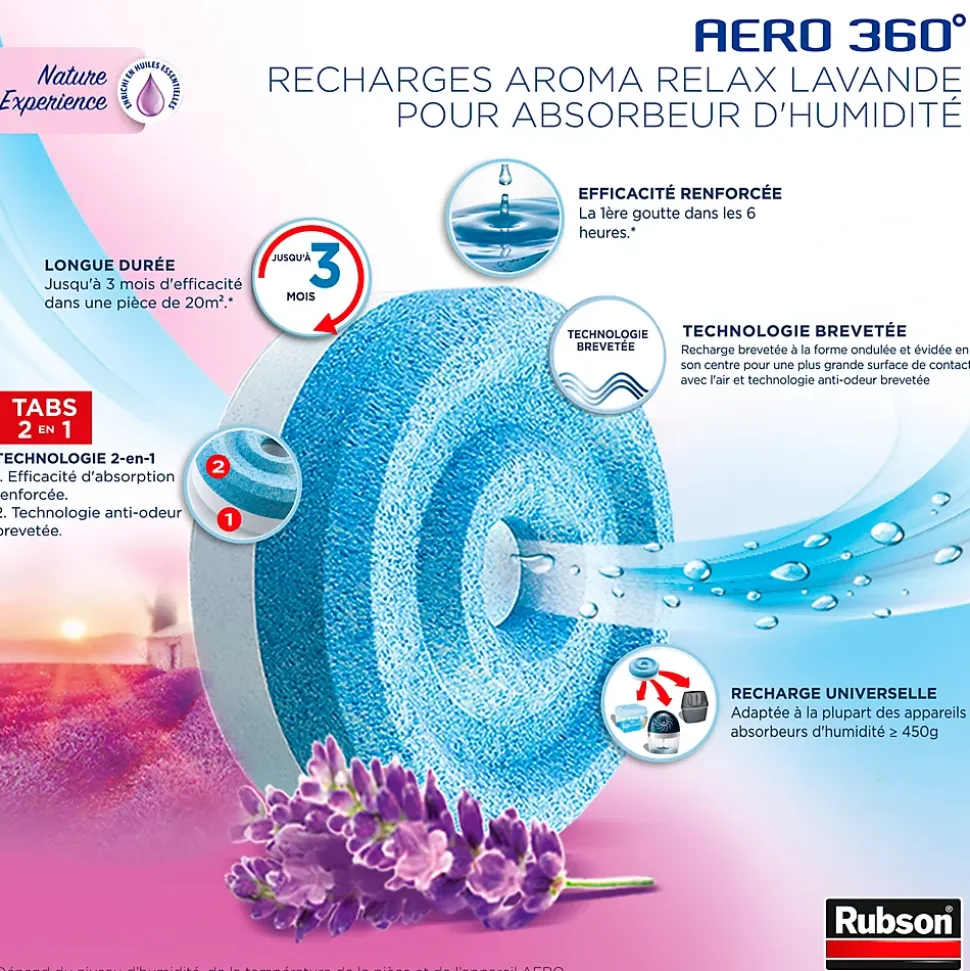 Absorbeur d'humidité Aero 360° 20m² Rubson + 4 recharges lavande