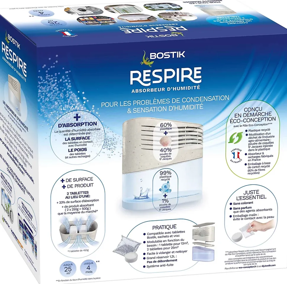 Absorbeur d'humidité avec 4 tablettes de 250 g Bostik Respire pour surface de 25 m²