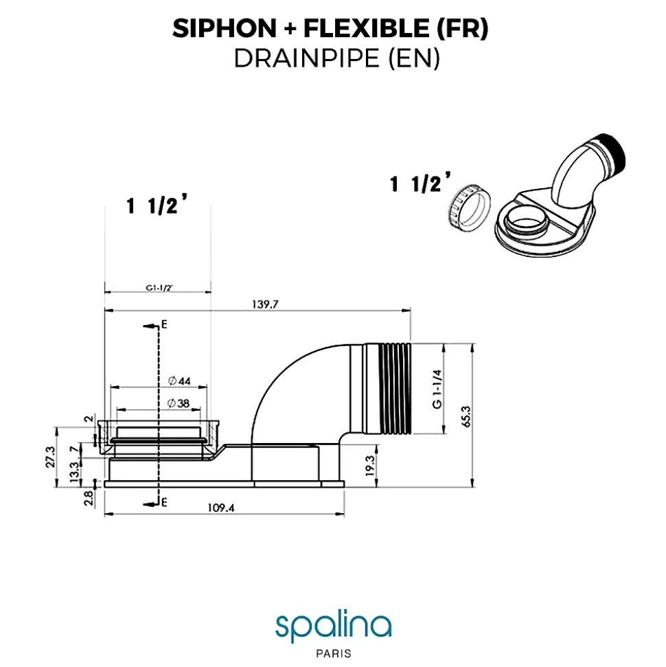 Accessoire Siphon extra plat + flexible 80x8x6cm, by SPALINA