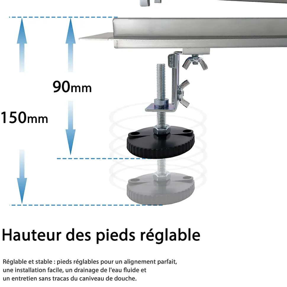 AICA caniveau de douche en acier inoxydable italien 2 en 1, réglable en hauteur et pivotante - 100 cm
