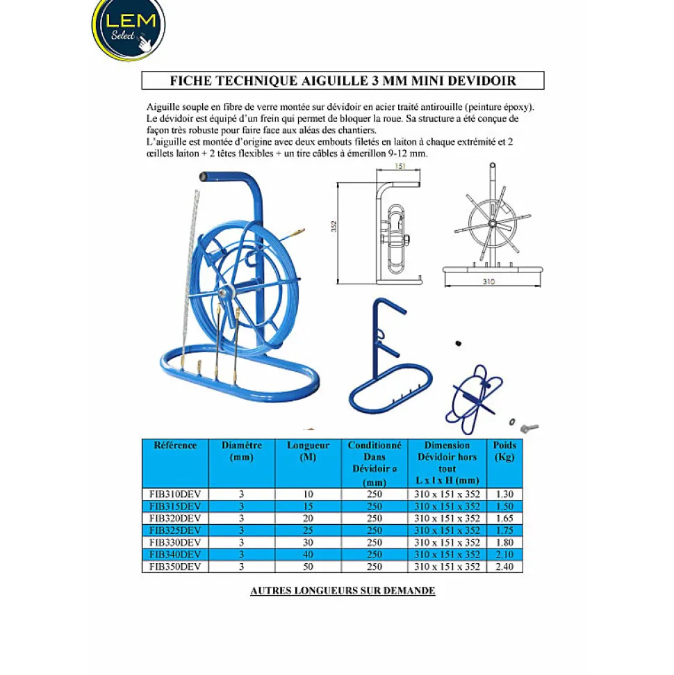 Aiguille tire-fil 3 mm L 50 M sur mini dévidoir (avec accessoires) tirage fibre Optique et électricien