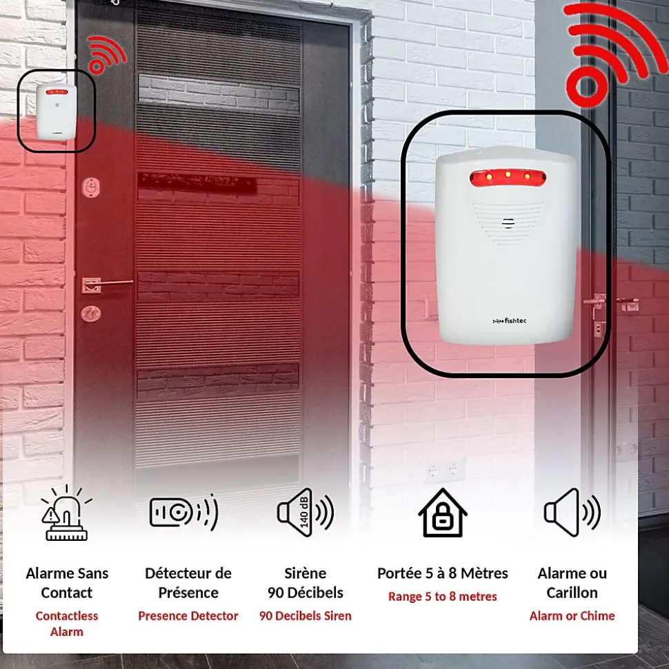 Alarme FISHTEC Détecteur de Présence - Carillon - 90 dB