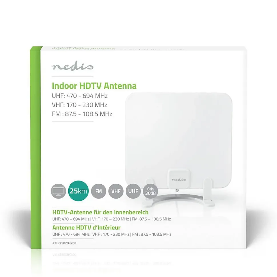 Antenne HDTV d'Intérieur 0 - 25 km Gain de 30 dB FMVHFUHF Blanche NEDIS