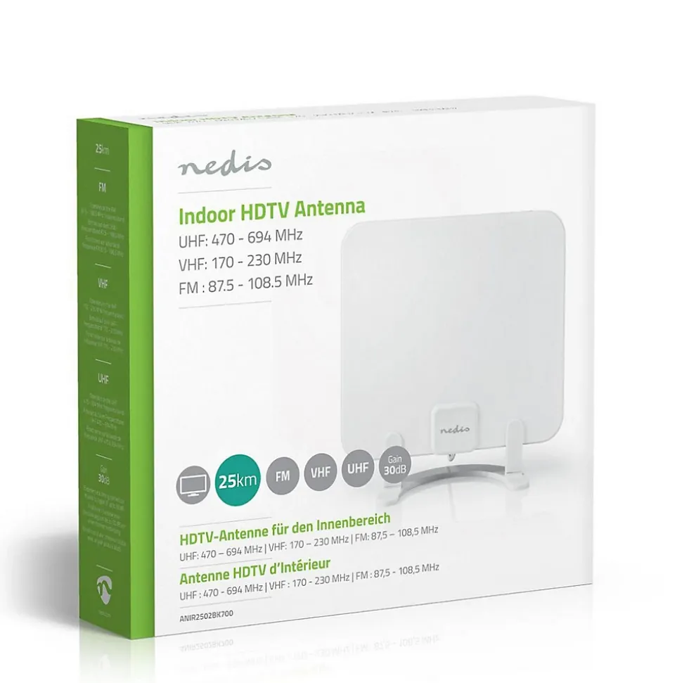 Antenne HDTV d'Intérieur 0 - 25 km Gain de 30 dB FMVHFUHF Blanche NEDIS