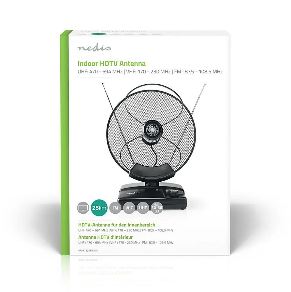Antenne HDTV d'Intérieur 0 - 25 km Gain de 30 - 36 dB FMVHFUHF Noire NEDIS