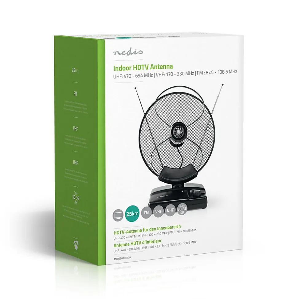 Antenne HDTV d'Intérieur 0 - 25 km Gain de 30 - 36 dB FMVHFUHF Noire NEDIS
