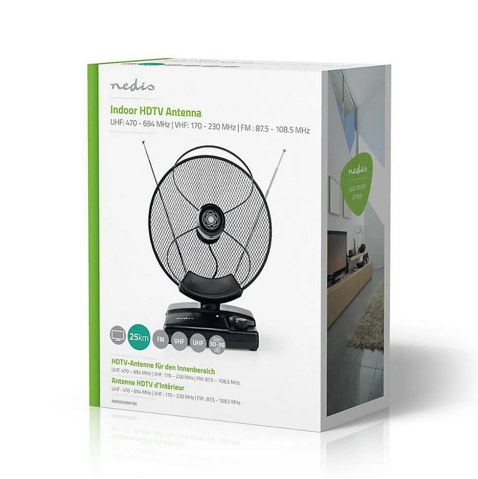 Antenne HDTV d'Intérieur 0 - 25 km Gain de 30 - 36 dB FMVHFUHF Noire NEDIS