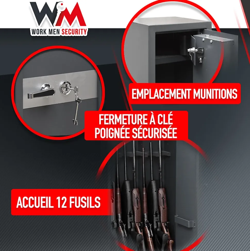 Armoire à fusils 500X340X1450mm avec coffre intérieur - 12 fusils - Workmen Security