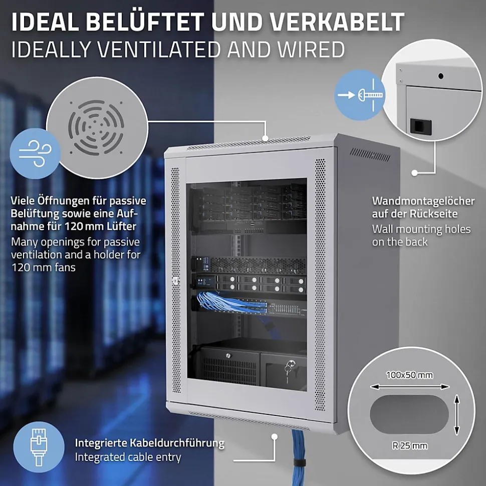 Armoire serveur 19" boîtier réseau murale gris en acier rack 16U 600x450x850 mm