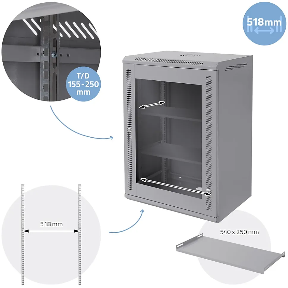 Armoire serveur 19" boîtier réseau murale gris en acier rack 16U 600x450x850 mm