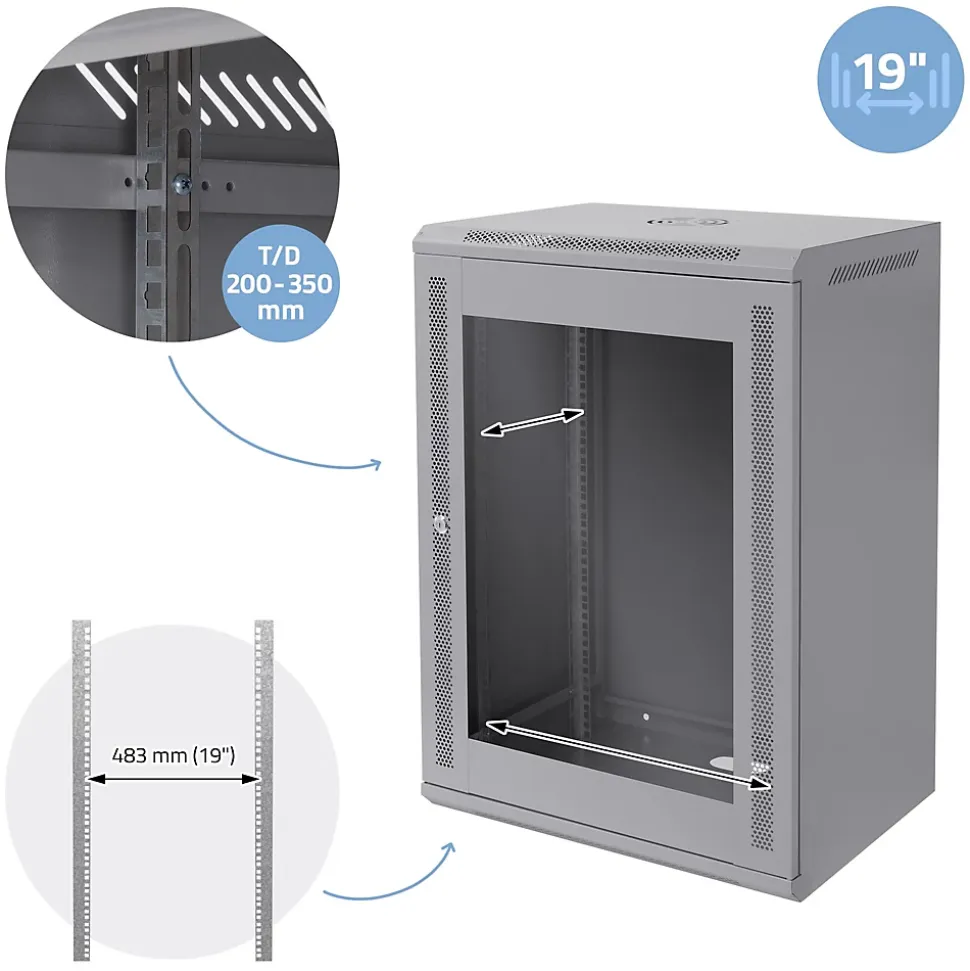Armoire serveur 19" boîtier réseau murale gris en acier rack 16U 600x450x850 mm