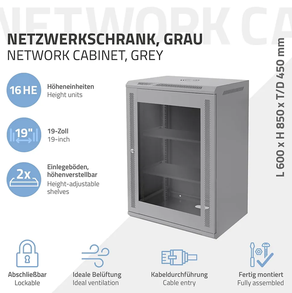 Armoire serveur 19" boîtier réseau murale gris en acier rack 16U 600x450x850 mm