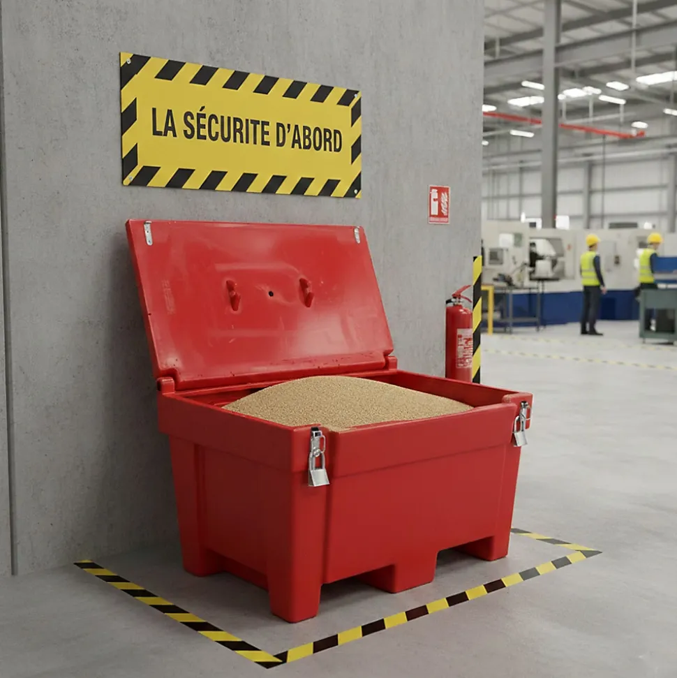 Bac à sable incendie/ à sel de déneigement 300l + grenouillères + cadenas