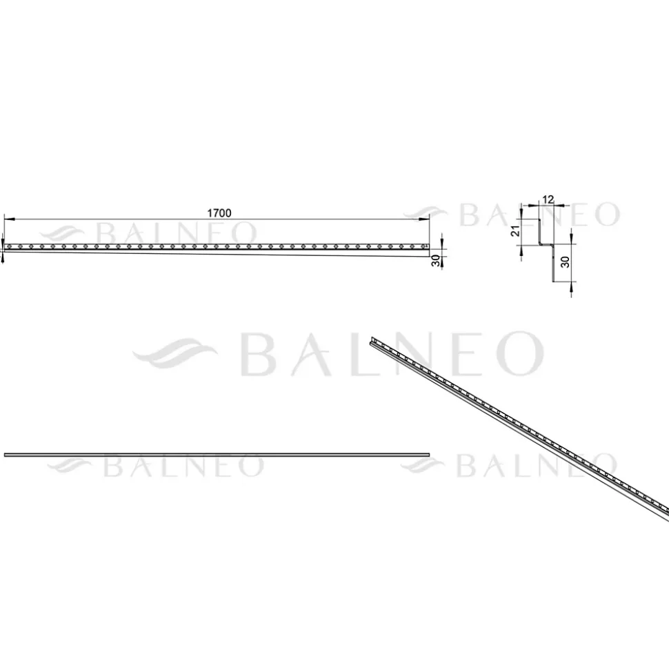 Balneo Profilé murale inclinée à gauche pour douche 170cm, acier inoxydable, finition gold, Pente de 1,5%