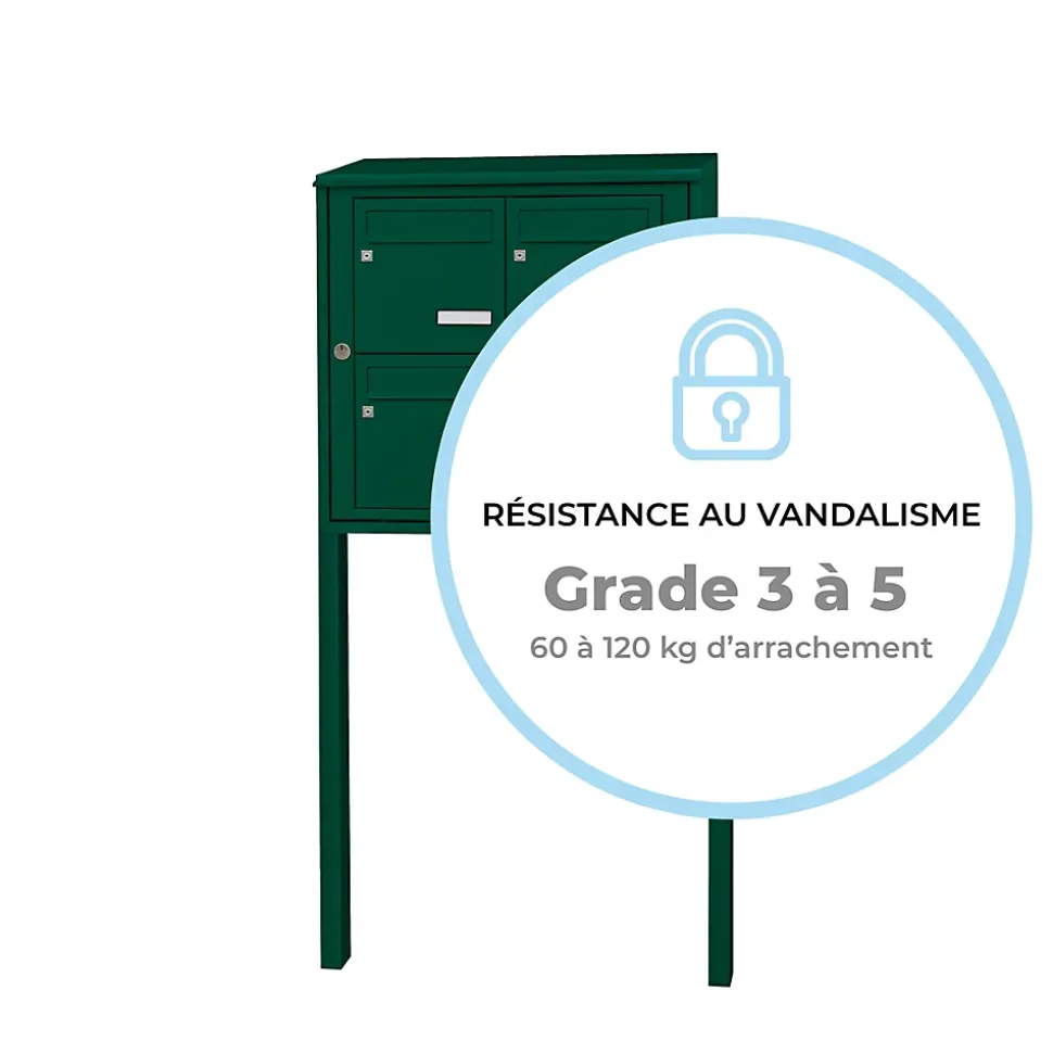 Bloc collectif leabox.com, 2x2, grade 3, simple face, Extérieur, fixation sur pieds à sceller, Vert mousse RAL 6005 brillant