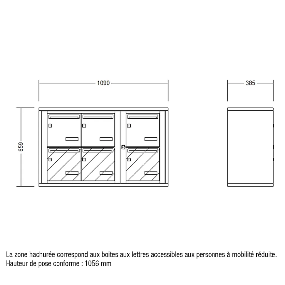 Bloc collectif leabox.com, 3x2, grade 3, simple face, Intérieur, fixation murale, Gris clair RAL 7035 finition brillante