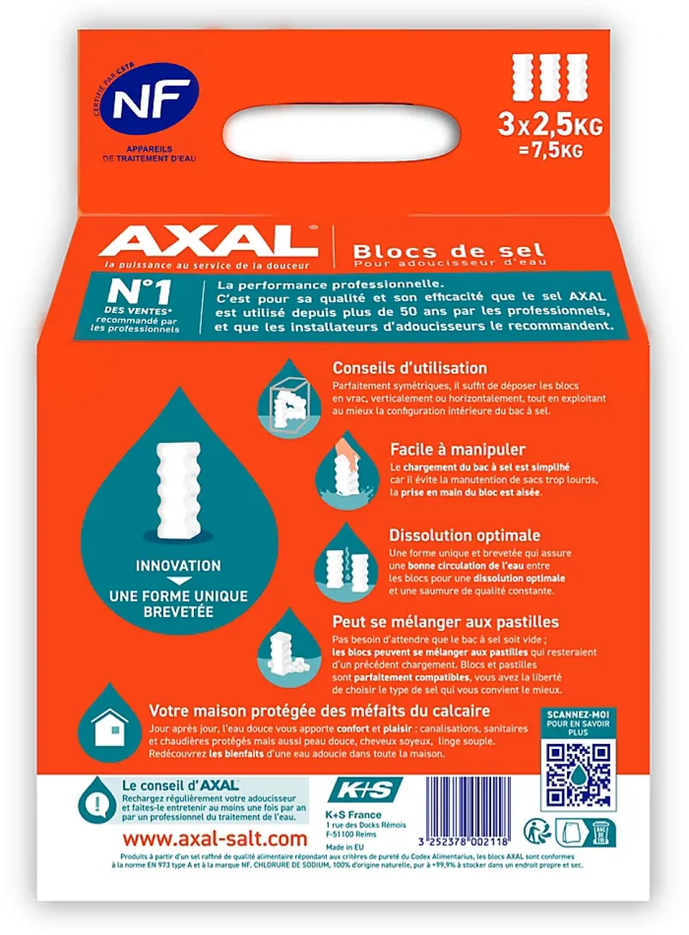 Blocs de sel pour adoucisseur d'eau, lot de 3 x 2.5 kg AXAL