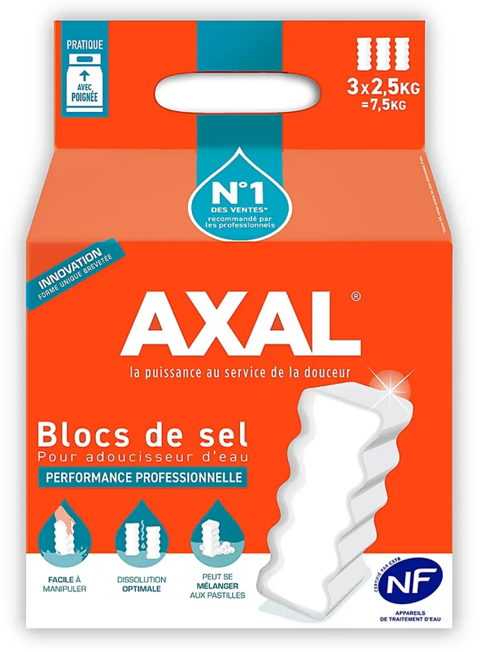 Blocs de sel pour adoucisseur d'eau, lot de 3 x 2.5 kg AXAL