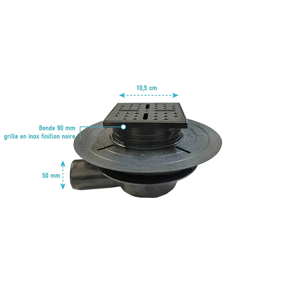 Bonde carrée pour receveur de douche, 105mm, sortie horizontale Ø50mm, noir, Galedo Showerplate
