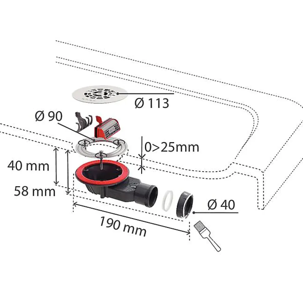 Bonde de douche Wirquin SLIM + ø40 mm grille plate inox brossé
