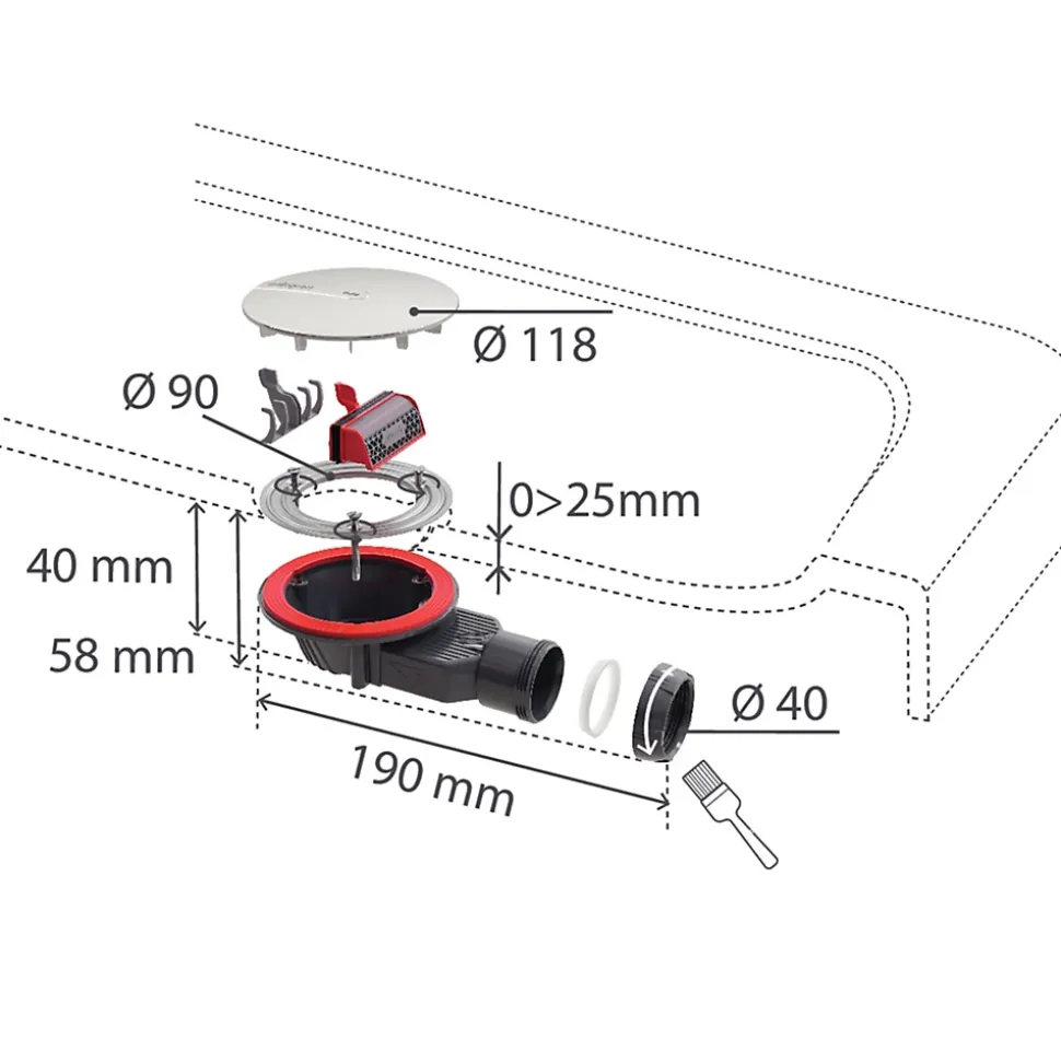 Bonde de douche Wirquin SLIM + ø40 mm dôme ABS.