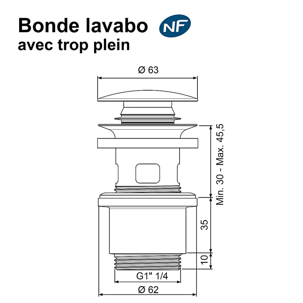Bonde de lavabo ø 63 mm Rousseau avec clapet clic clac ou fixe effet graphite mat noir