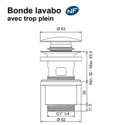 Bonde de lavabo ø 63 mm Rousseau avec clapet clic clac ou fixe effet or